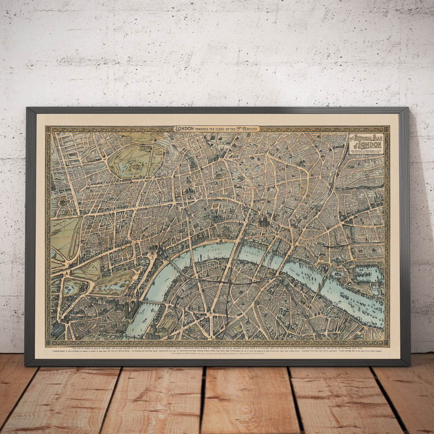 Antiguo mapa a vista de pájaro de Londres en 1892 por Charles Baker & Co - Westminster, City of London, Lambeth, Covent Garden, Marylebone