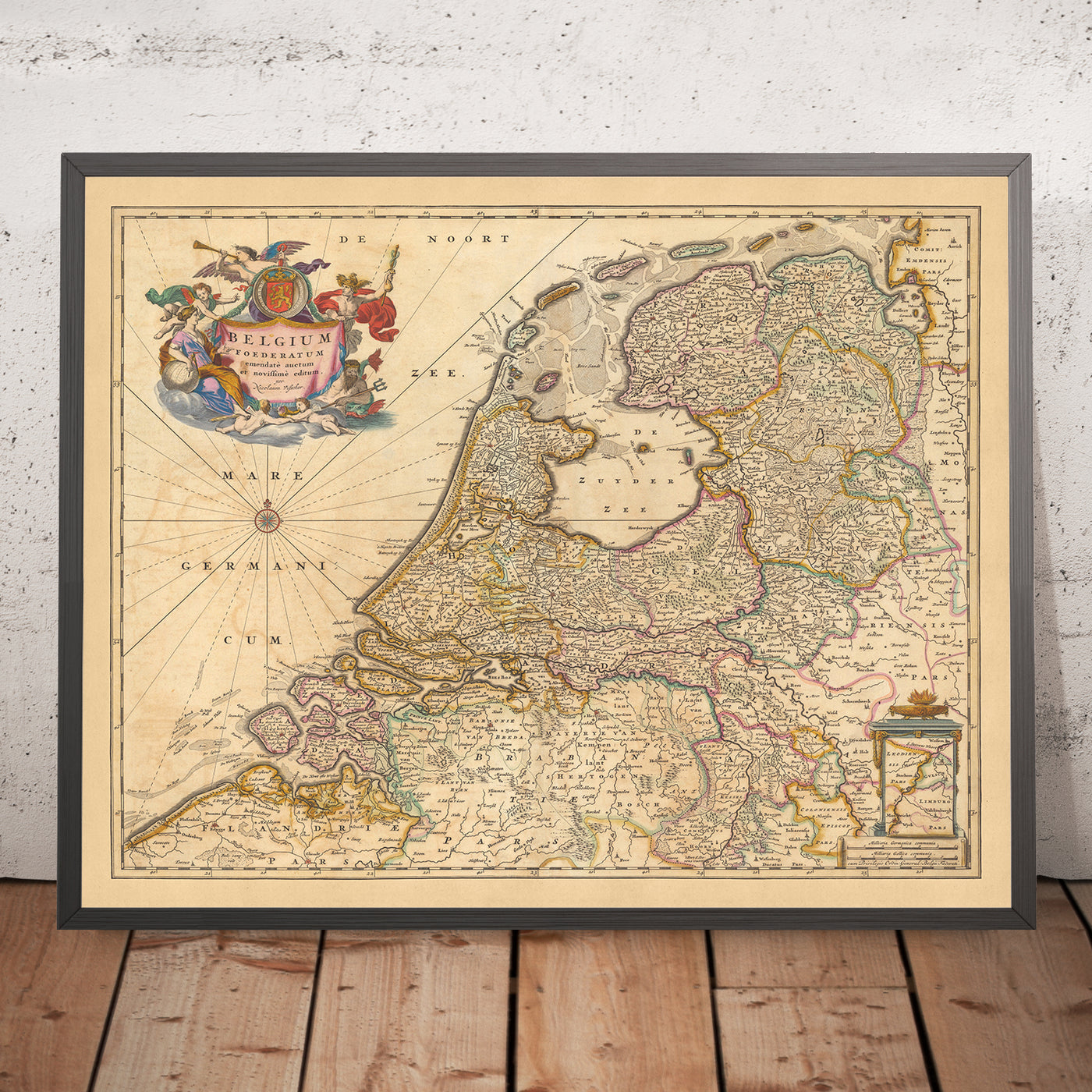 Old Map of Federated Belgium by Visscher, 1690: Amsterdam, Rotterdam, Antwerp, Düsseldorf, Ghent