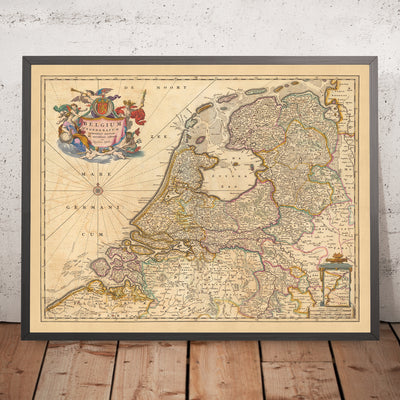 Mapa antiguo de la Bélgica federada de Visscher, 1690: Amsterdam, Rotterdam, Amberes, Düsseldorf, Gante