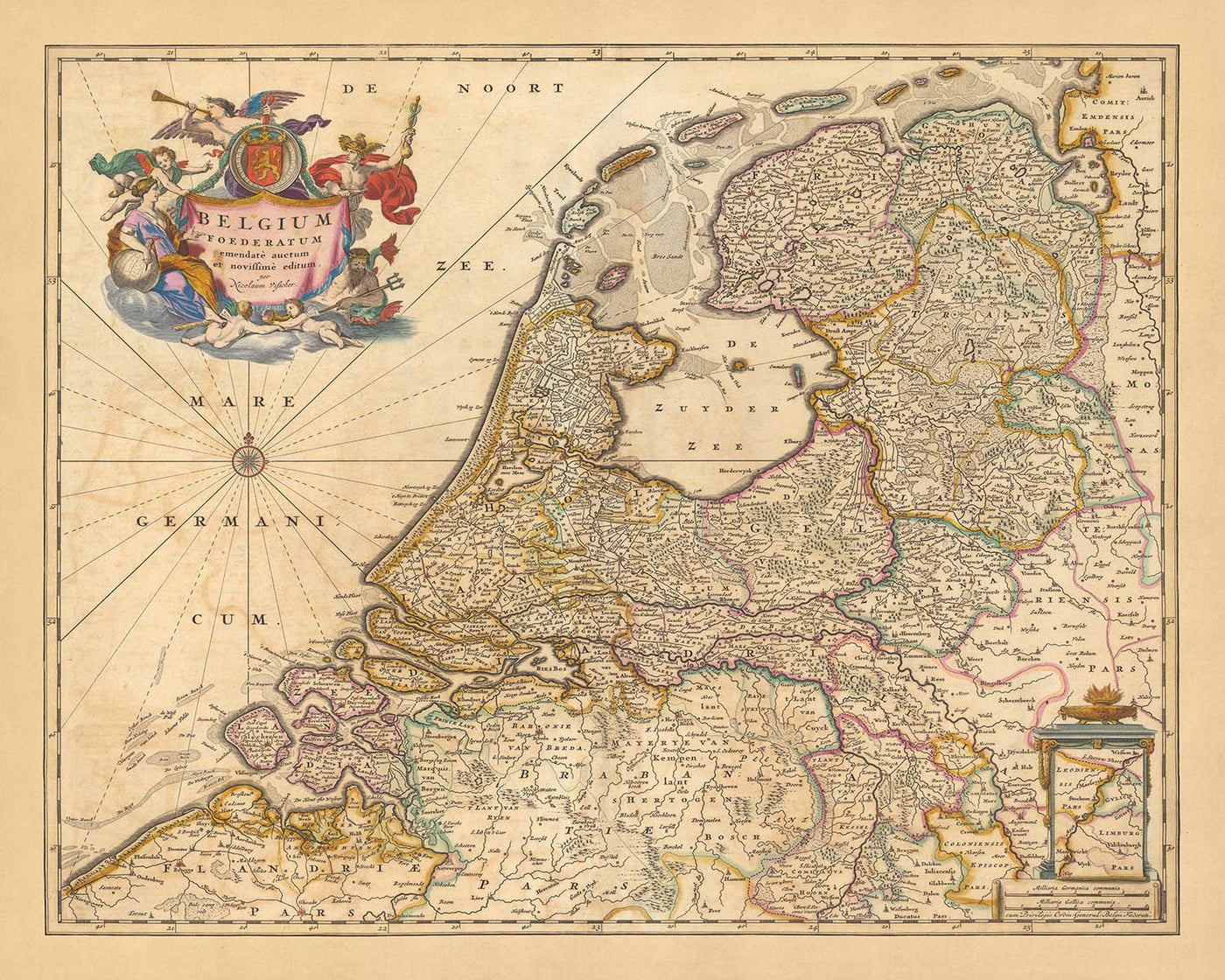 Ancienne carte de la Belgique fédérée par Visscher, 1690 : Amsterdam, Rotterdam, Anvers, Düsseldorf, Gand