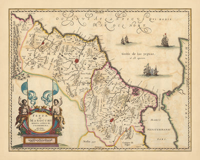 Mapa antiguo de los reinos de Fez y Marrakech, Marruecos por Visscher, 1690: Rabat, Casablanca, montañas del Atlas