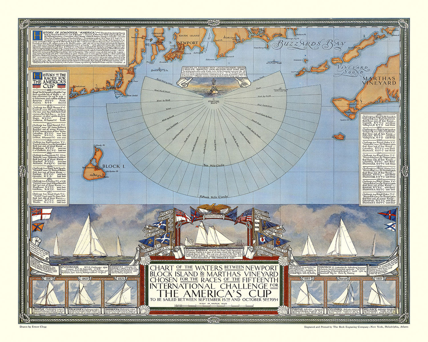 Old America’s Cup Map by Clegg, 1934: Yacht Race, Newport, Martha's Vineyard, Endeavour vs. Rainbow