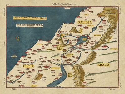 Old Map of the Holy Land by Bunting, 1581: Palestine, 12 Tribes, Judea, Samaria, Galilee