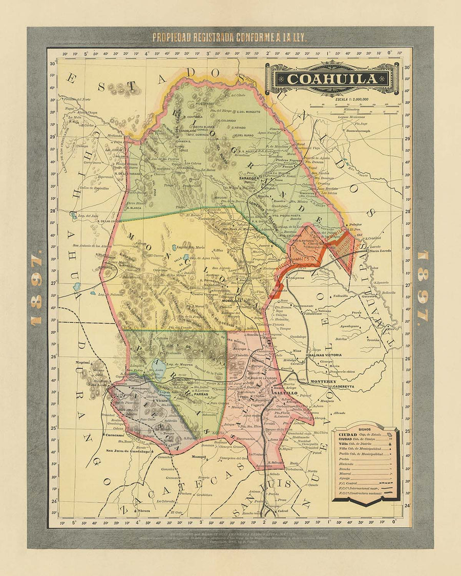 Old Map of Coahuila by García y Cubas, 1897: Saltillo, Torreón, Monclova, Railroads, Rio Grande
