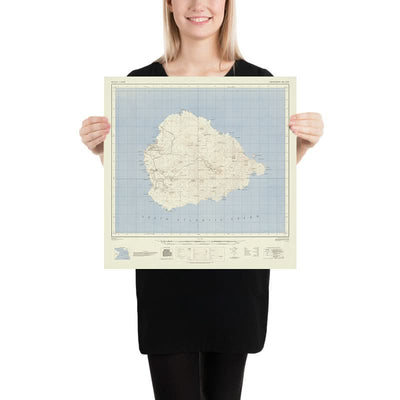 Ancienne carte de l'île de l'Ascension, 1964 : Green Mountain, Georgetown, routes, topographie, style Ordnance