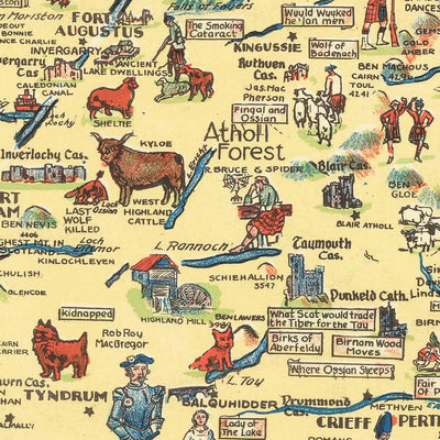 Old Pictorial Map of Scotland, 1935: Edinburgh, Glasgow, Castles, Tartans, Historical Figures