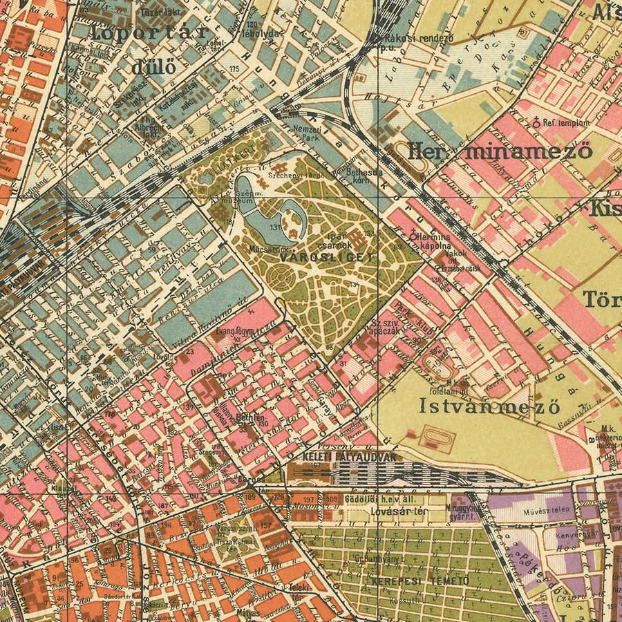 Vecchia mappa di Budapest di Kogutowicz, 1907: Andrássy út, Erzsébet körút, fiume Danubio, ferrovie, parchi 
