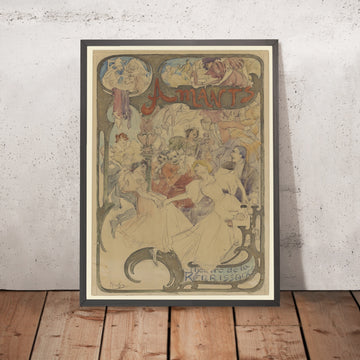 A framed image of Amants Poster Design by Alphonse Mucha, 1895