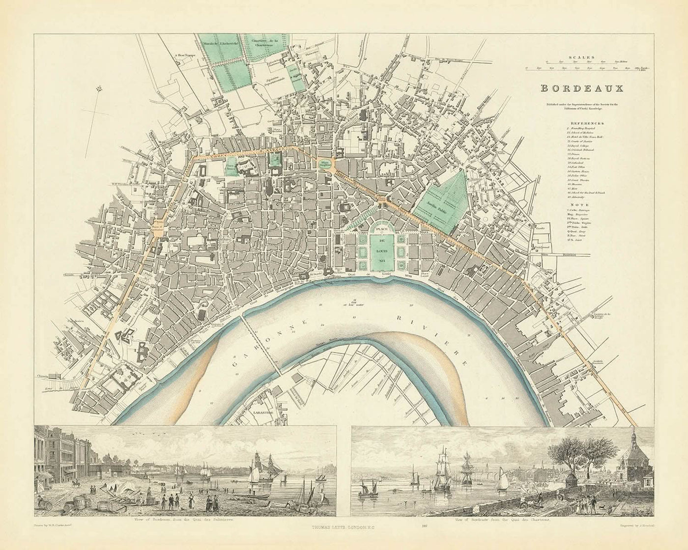 Alte Karte von Bordeaux, 1870: Chartrons, Bastide, Quai des Chartrons, Église St. Michel, Jardin Public 