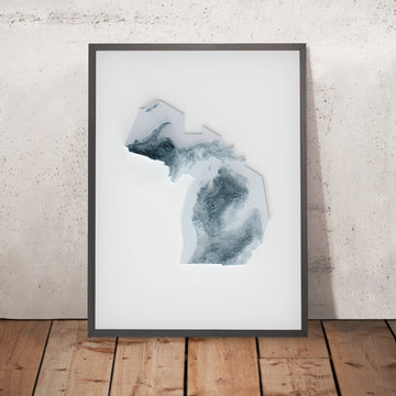 Une image encadrée d’une carte en relief topographique de style 3D du Michigan