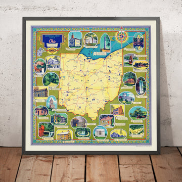 Alte bildliche Karte von Ohio von Brink, 1940: Lake Erie, Perrys Sieg, Ohio- und Erie-Kanal, Nationalstraße US 40, Cleveland 