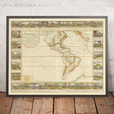 Large Old French Map of the Americas by Bailleul, 1752: Illustrated Exploration & Colonialism, French & Spanish Claims
