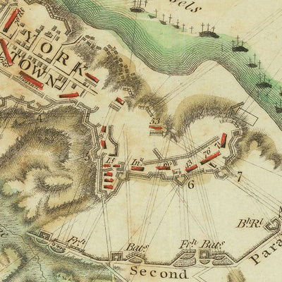 Alte Militärkarte der Belagerung von Yorktown durch Stedman, 1793: Yorktown, Gloucester, Redoubts 9 und 10, Französische Flotte, Washington