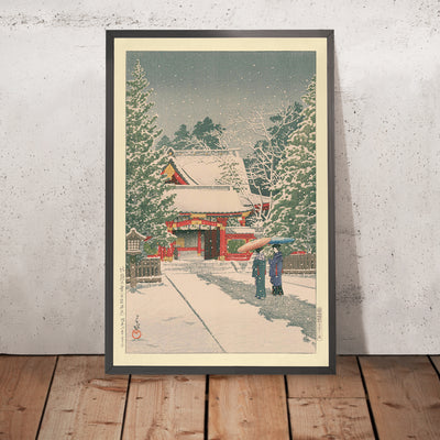 A framed image of Snow at Hie Shrine (New Years Day) by Hasui Kawase, 1935