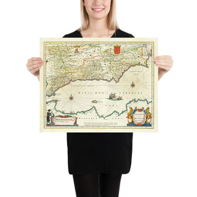 Old Map of Southern Spain by Blaeu, 1640: Granada, Murcia, Malaga, Naval Battle