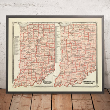 Ancienne carte politique de l’Indiana par Andreas, 1876 : Indianapolis, Fort Wayne, Evansville, South Bend, Wabash et fleuves de l’Ohio 