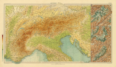 Rare Physical Map of the Alps by Touring Club Italiano, 1929: Mont Blanc, Matterhorn, Monte Rosa, Jungfrau, Lake Garda