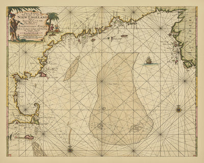 Old New England Nautical Chart by van Keulen, 1695: Cape Cod, Nantucket, Acadia (Nova Scotia)