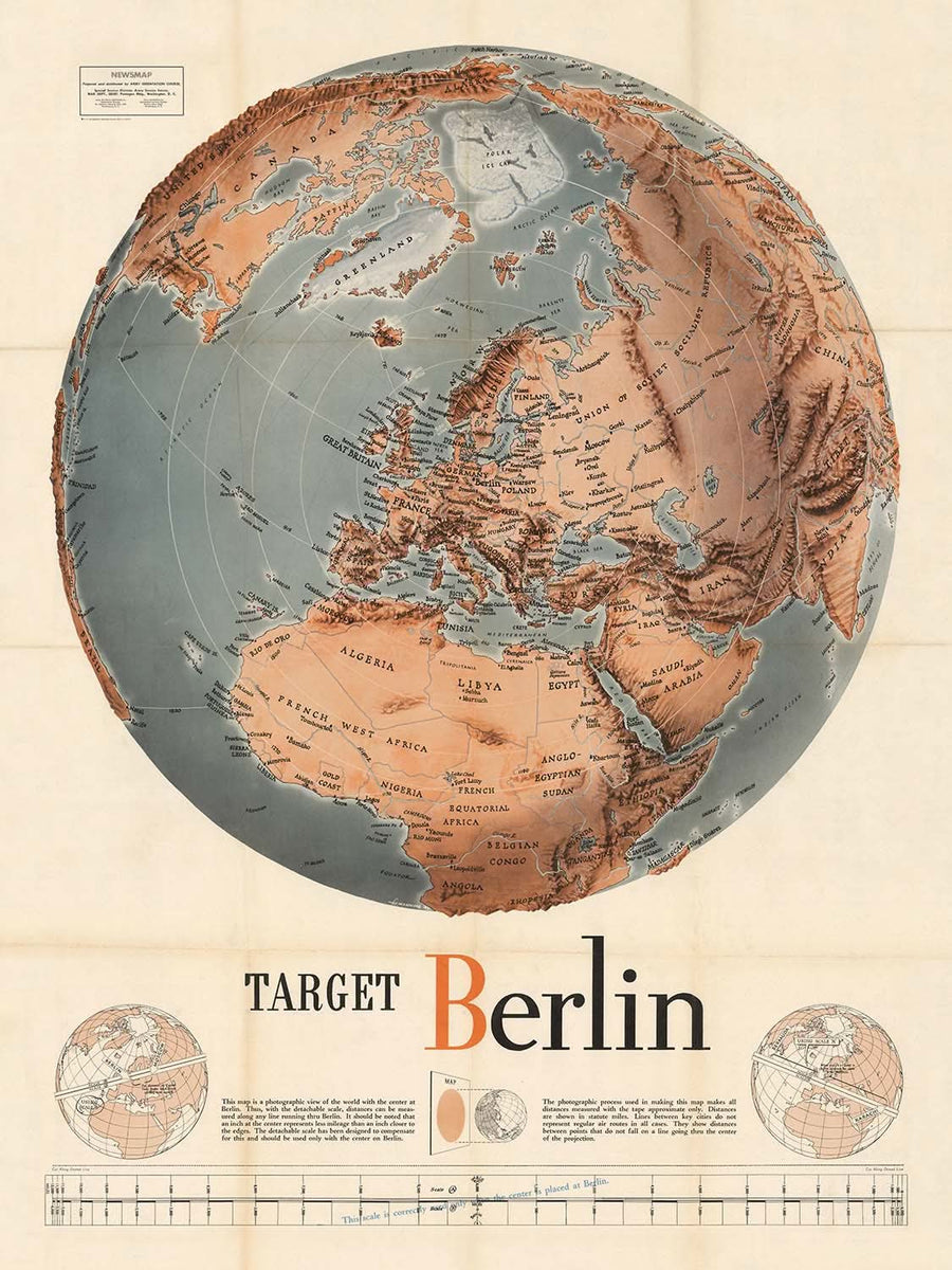Antigua Mapa Mundial de la WW2 por Manning, 1943: "Objetivo Berlín" Gráfico de Distancia de Bombarderos 
