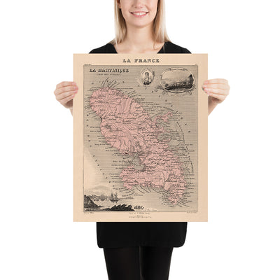 Old Map of Martinique, Lesser Antilles by Vuillemin, 1869: Fort-de-France, Saint-Pierre, Sugar Cane