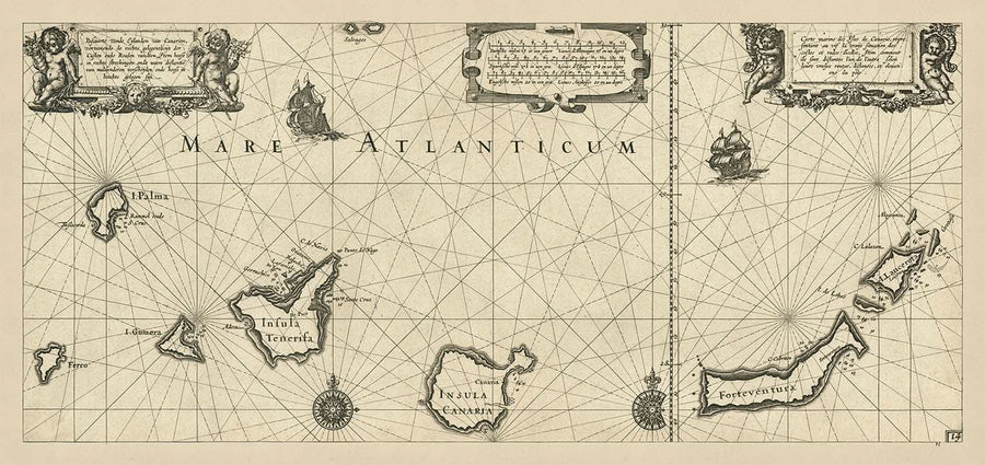 Alte nautische Karte der Kanarischen Inseln von Blaeu, 1608: Lanzarote, Teneriffa, Gran Canaria 