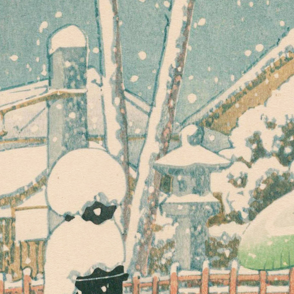 Snow at Yakumo Bridge at the Nagata Shrine Kobe by Hasui Kawase 1935