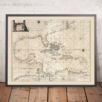 Old Map of the Caribbean and Gulf of Mexico by Goos, 1667: Dutch Golden Age map; Mercator projection; ornate cartouche