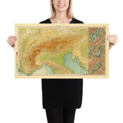 Rare Physical Map of the Alps by Touring Club Italiano, 1929: Mont Blanc, Matterhorn, Monte Rosa, Jungfrau, Lake Garda