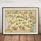 Mapa pictórico de Iowa de Ruth Taylor White, 1935: Des Moines, Cedar Rapids, Davenport, cultivo de maíz, río Misisipi 