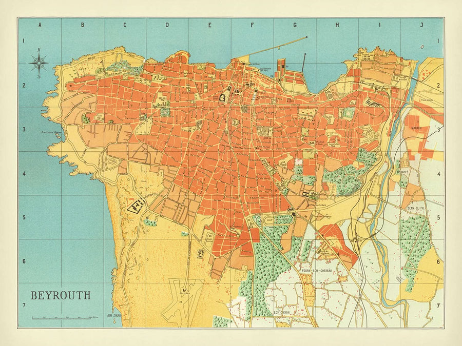 Mappa antica di Beirut, Libano 1949: Hotel Normandy, Ippodromo, Foresta di Pini, Porto di Beirut, Linee Ferroviarie 