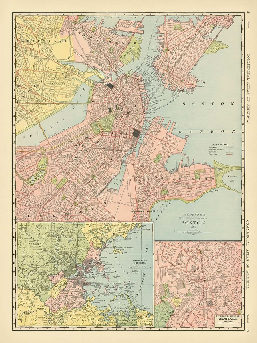 Mappa antica di Boston, 1912: Porto di Boston, South Boston, Roxbury, Boston Common, Giardino Pubblico 
