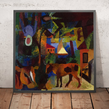 A framed image of Landscape with Cows, Sailboat and Figures by August Macke, 1887