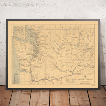 Old Post Route Map of Washington State, 1948: Seattle, Spokane, Tacoma, Puget Sound, Columbia River
