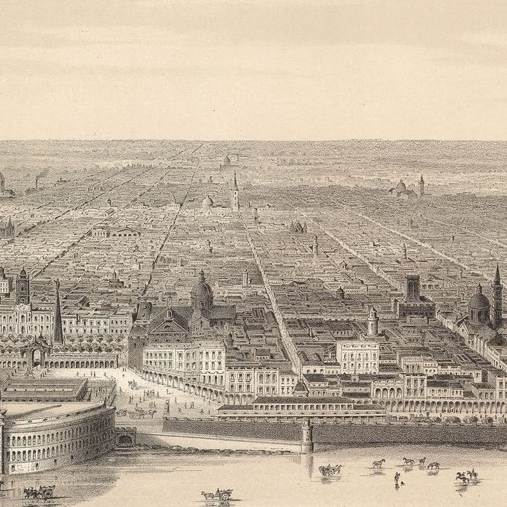 Alte Vogelperspektive-Karte von Buenos Aires von Dulin, 1880: Casa Rosada, Puerto Madero, Correo Central, Gabildo, Rio de la Plata