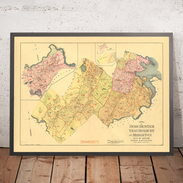 Mappa indice antica di Boston, MA, 1899: Dorchester, West Roxbury, Brighton, Franklin Park, fiume Charles 