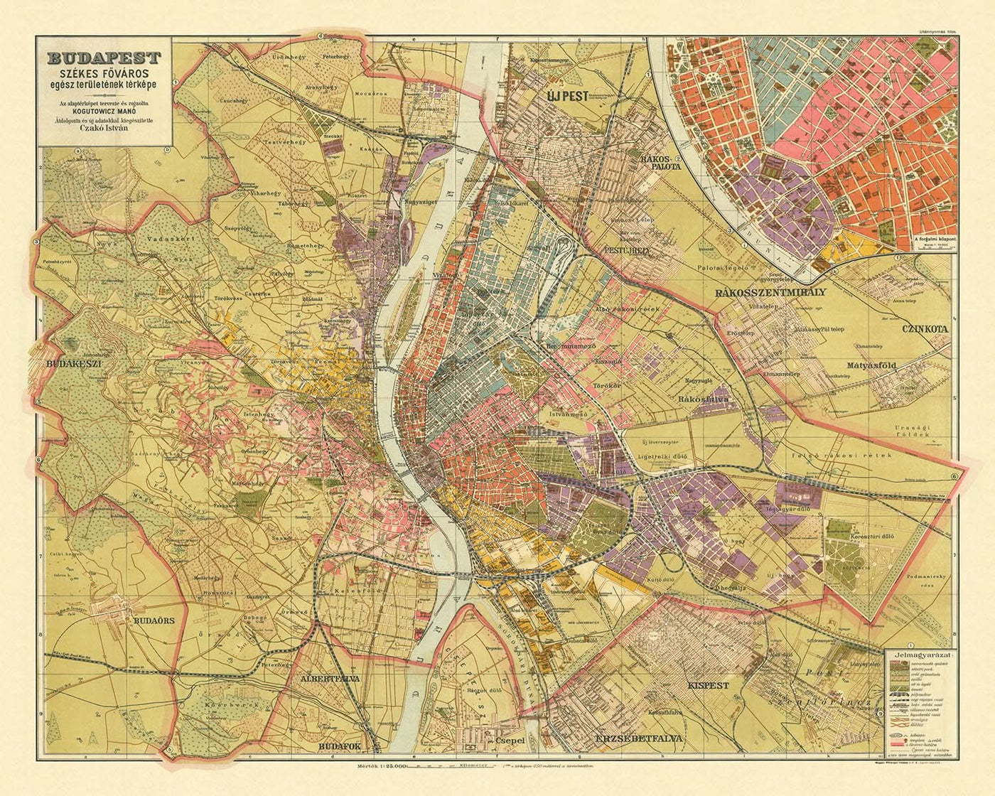 Alte Karte von Budapest von Kogutowicz, 1907: Andrássy út, Erzsébet körút, Donau, Eisenbahnen, Parks