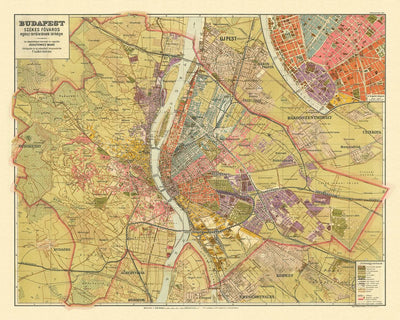 Alte Karte von Budapest von Kogutowicz, 1907: Andrássy út, Erzsébet körút, Donau, Eisenbahnen, Parks