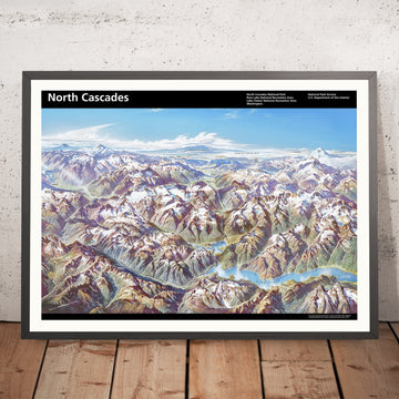 Old Birdseye Map of North Cascades National Park by Berann, 1989: Mount Baker, Glacier Peak, Ross Lake