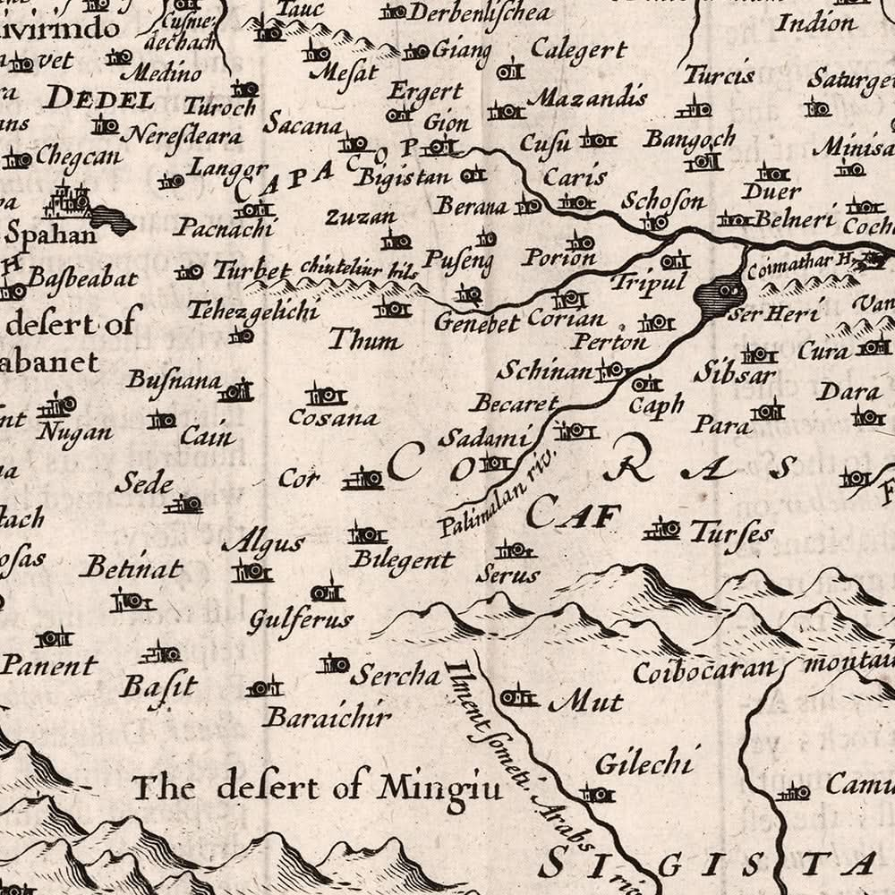 Old Monochrome Map of Persia by Speed, 1676: Iran, Isfahan, Caspian Sea, Persian Gulf, Shiraz, Tabriz