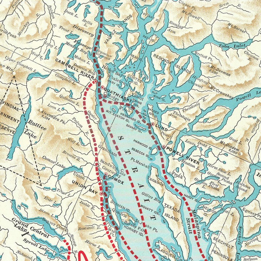 Mappa antica della Columbia Britannica dei Fratelli Poole, 1911: Vancouver, Victoria, Ferrovie, Rotte di Navi a Vapore, Isola di Vancouver 