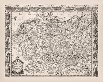 Old Monochrome Map of Germany by Speed, 1626: Berlin, Hamburg, Munich, North Sea, Baltic Sea