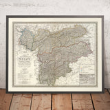Mapa militar antiguo de Tirol, Vorarlberg y Liechtenstein de Weiland, 1856: Innsbruck, Bregenz, Vaduz, Paso de Arlberg, Rin 