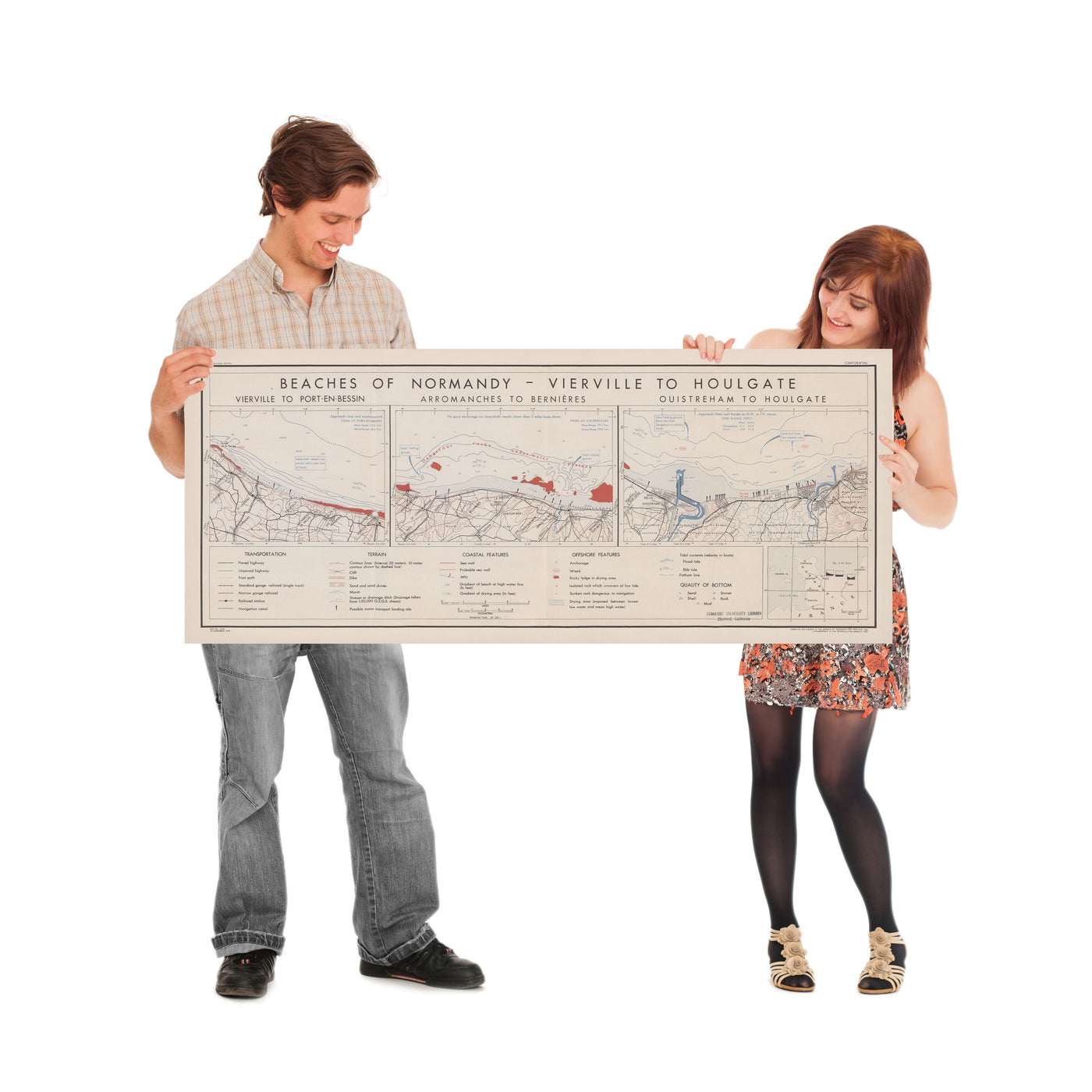 Old Military Map of Normandy Beaches, 1943:  D-Day Planning, Vierville to Houlgate, Arromanches