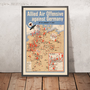 Ancienne carte militaire de la Seconde Guerre mondiale de l’offensive aérienne alliée contre l’Allemagne, 1941 : Berlin, Hambourg, Munich, Rhin et Elbe, encart de la Ruhr 