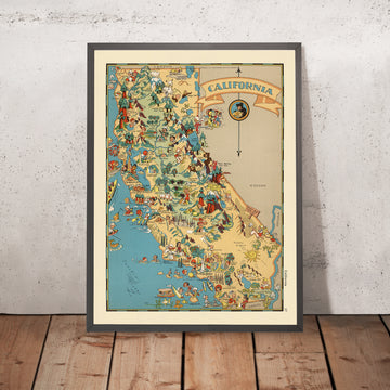 Carte picturale de la Californie par Ruth Taylor White, 1935 : Los Angeles, San Francisco, Yosemite, Sierra Nevada, Hollywood 