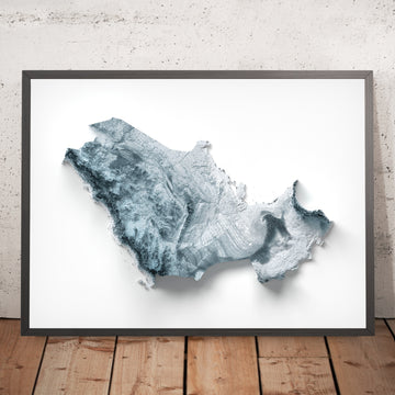 Una imagen enmarcada de un mapa topográfico en relieve estilo 3D de los países del Golfo