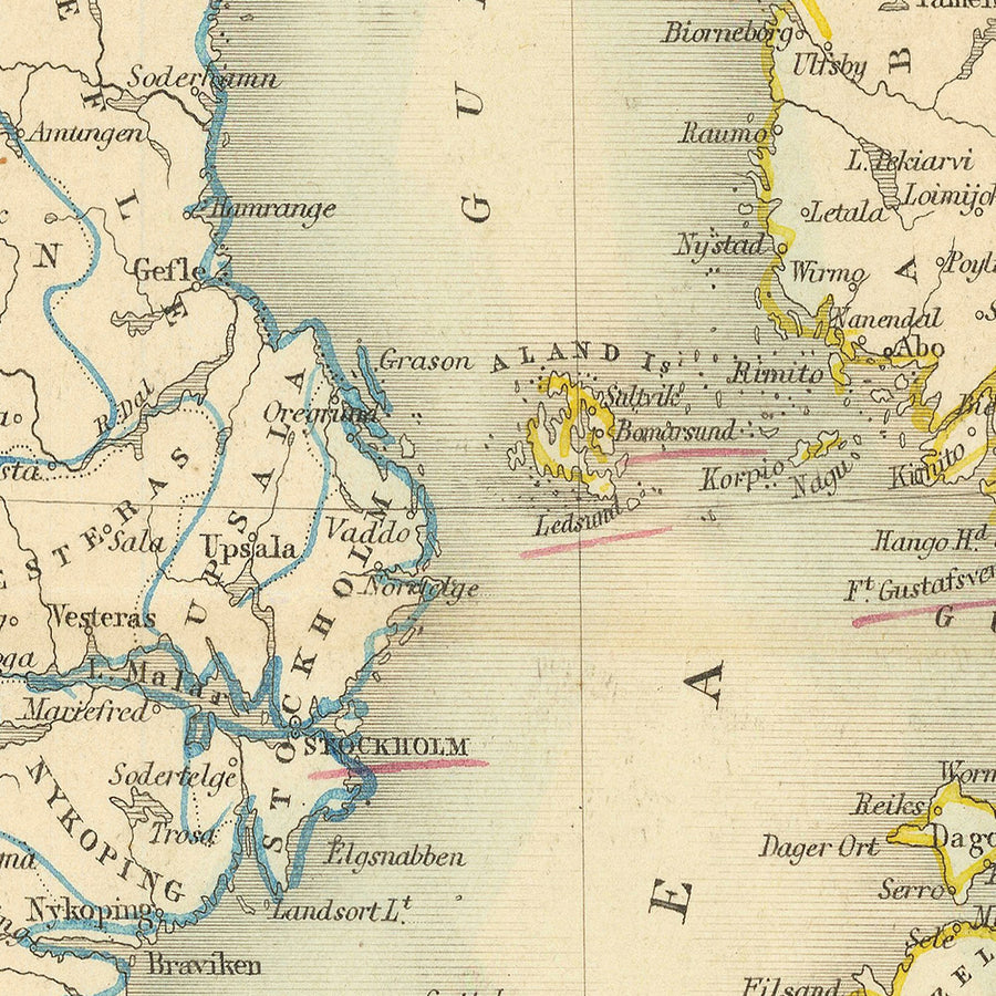 Antica mappa della Finlandia, Danimarca e dei Paesi Baltici di Tallis, 1851: San Pietroburgo, Stoccolma, Riga, Gotland, Golfo di Finlandia 
