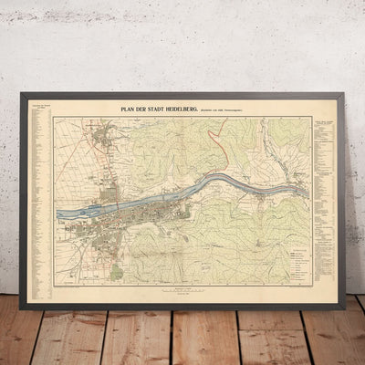 Old City Map of Heidelberg by Rübsamen, 1907: Castle, Neckar River, Neuenheim, Bergheim, Philosophenweg