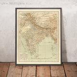 Antica mappa araba dell'India di Hafiz Ali Esref, 1894: Mumbai, Delhi, Kolkata, Himalaya, Gange, ferrovie 