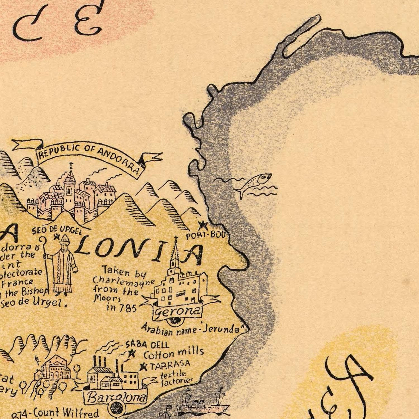 Mapa ilustrado antiguo de España, 1935: Madrid, Barcelona, Sevilla, Golfo de Vizcaya, buques históricos